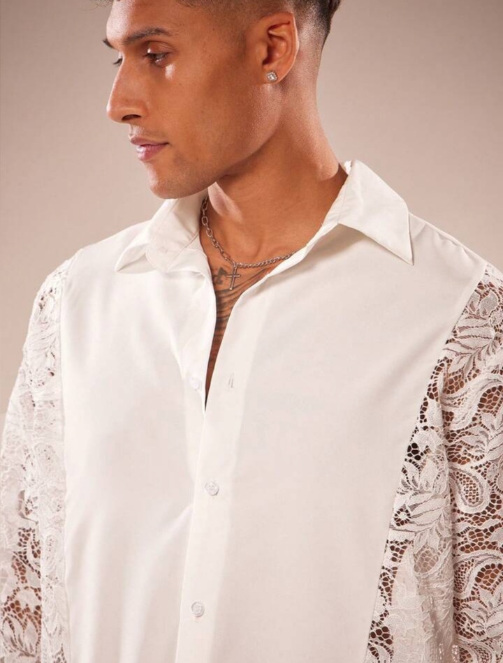 Men's Lace Hollow-Out Patchwork Long Sleeve Shirt